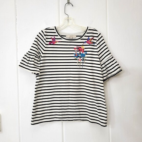 LOFT Tops - Loft Striped T Shirt with Embroidered Hummingbirds and Ruffled Short Sleeves